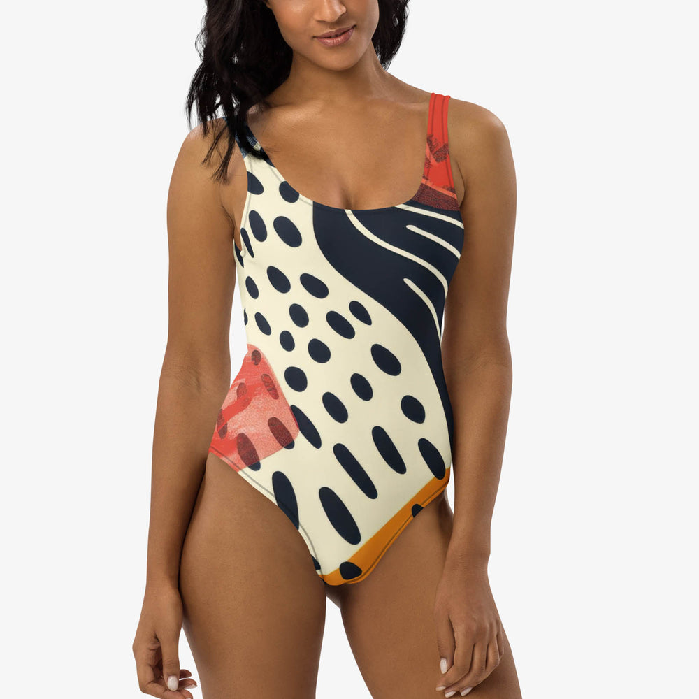 WAREHOUSE One-Piece Printed Swimsuit "Dots & Waves" Midnight Blue/Mustard/Red