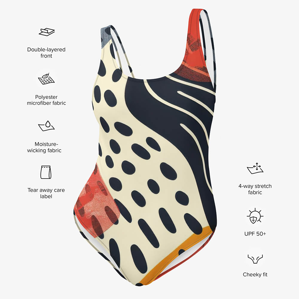 WAREHOUSE One-Piece Printed Swimsuit "Dots & Waves" Midnight Blue/Mustard/Red