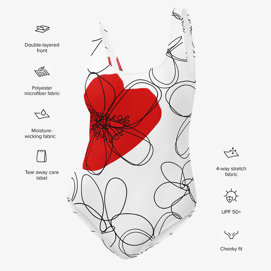 One-Piece Printed Swimsuit "Daisy Doodles" Red