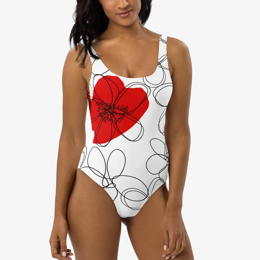 One-Piece Printed Swimsuit "Daisy Doodles" Red