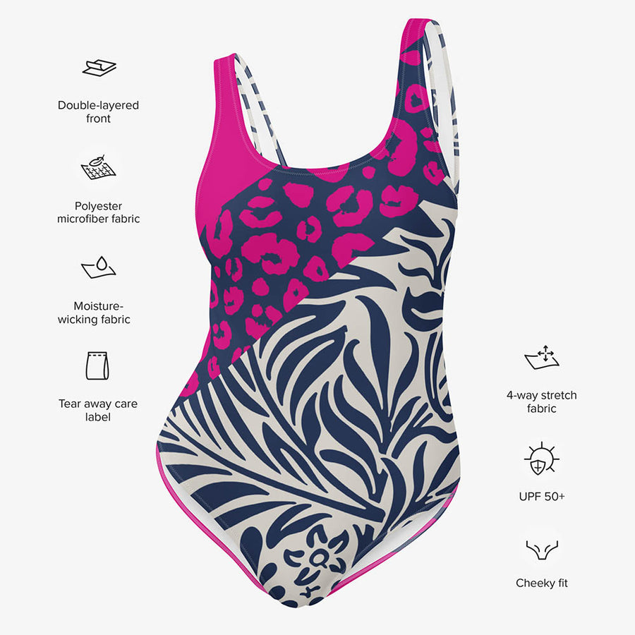 One-Piece Printed Swimsuit "Palms & Pards" White/Blue/Fuchsia