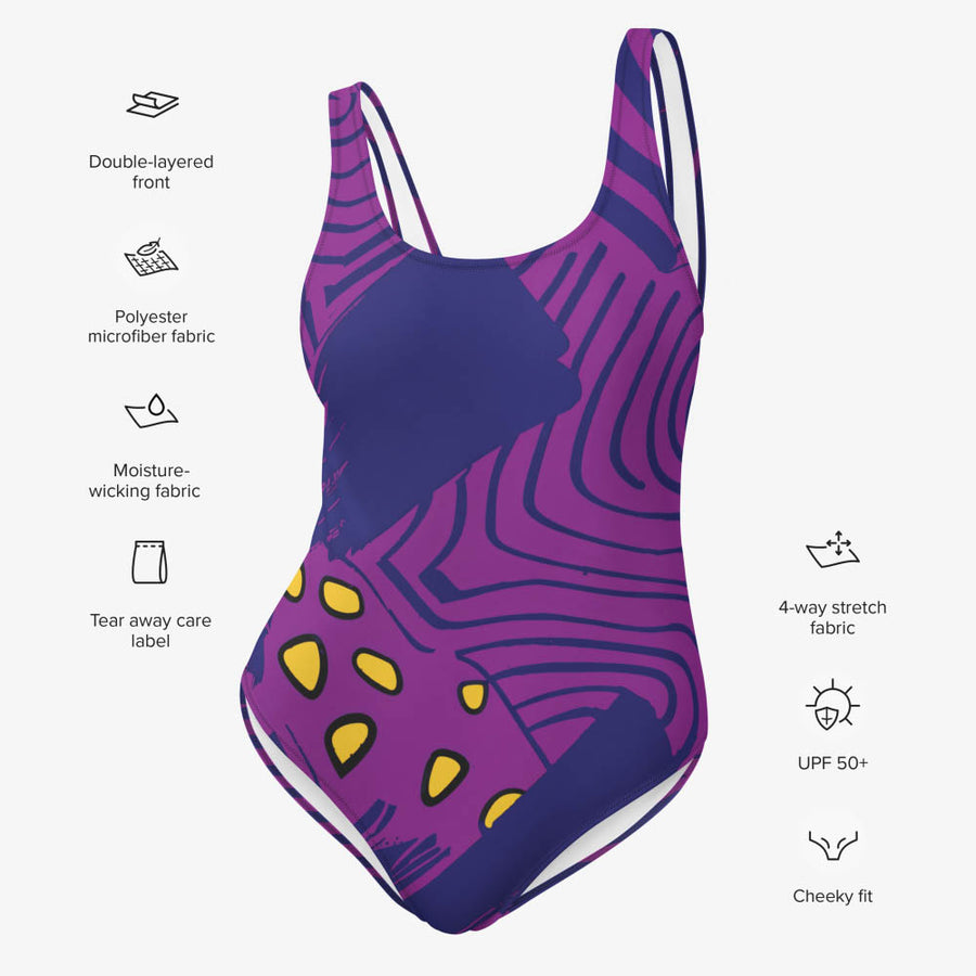 One-Piece Printed Swimsuit "Electric Maze" Purple/Yellow