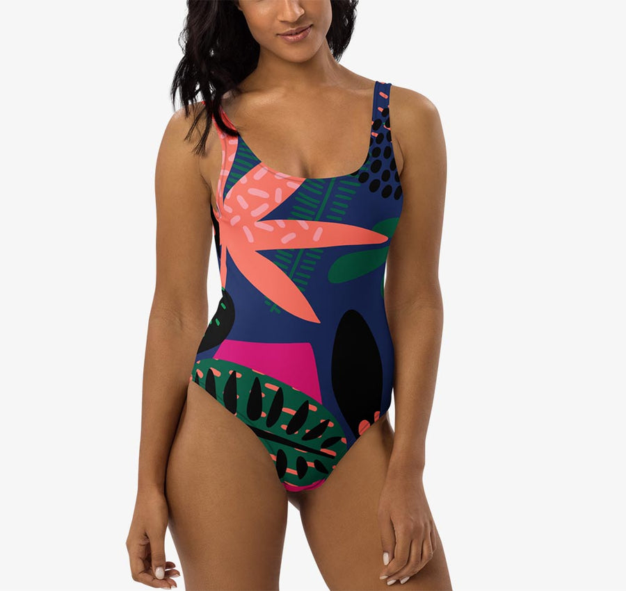 One-Piece Printed Swimsuit "Floral Funk" (Blue, Green, Coral)