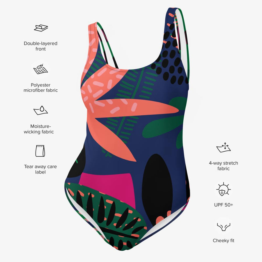 One-Piece Printed Swimsuit "Floral Funk" (Blue, Green, Coral)