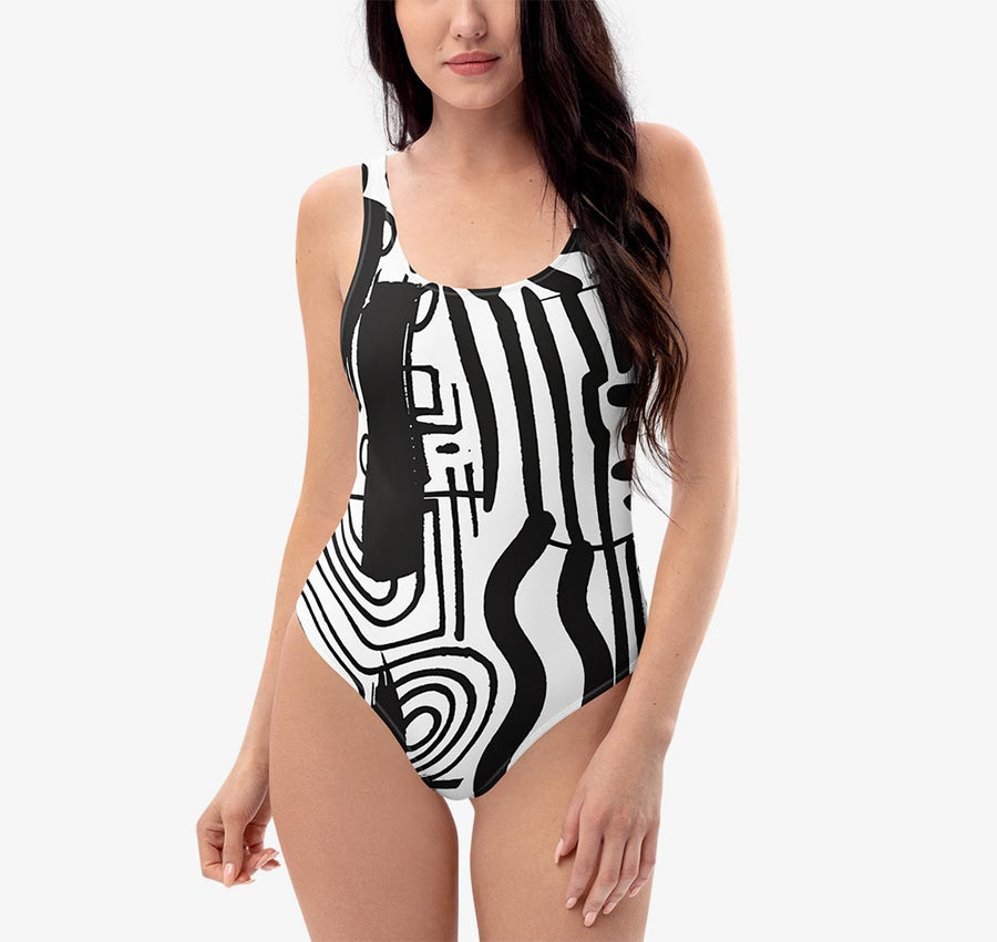 One-Piece Printed Swimsuit "Black and Wow" Black White