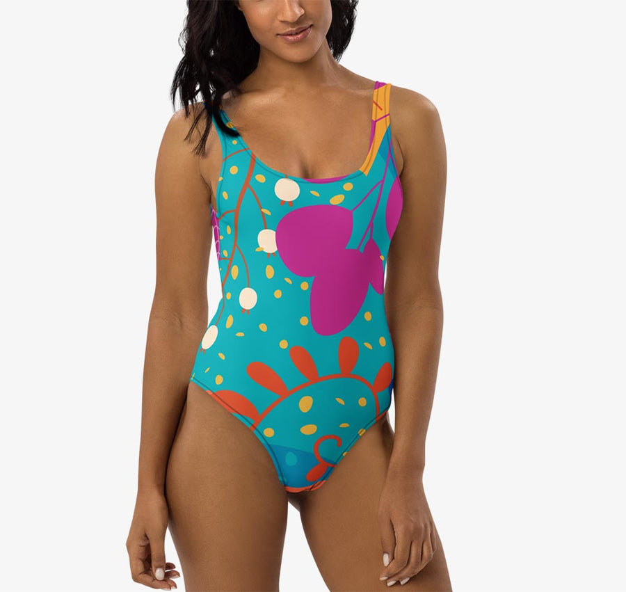 One-Piece Printed Swimsuit "Petal Party" Turquoise/Fuchsia