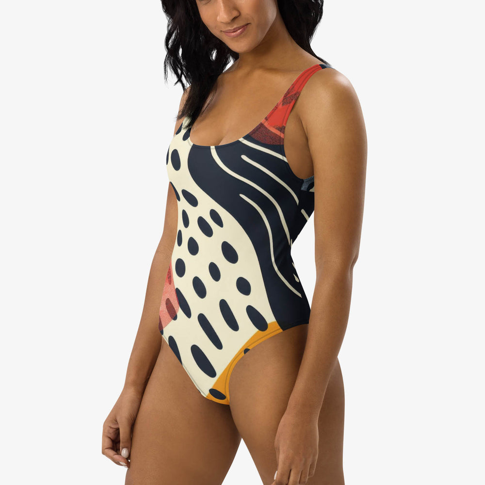 WAREHOUSE One-Piece Printed Swimsuit "Dots & Waves" Midnight Blue/Mustard/Red