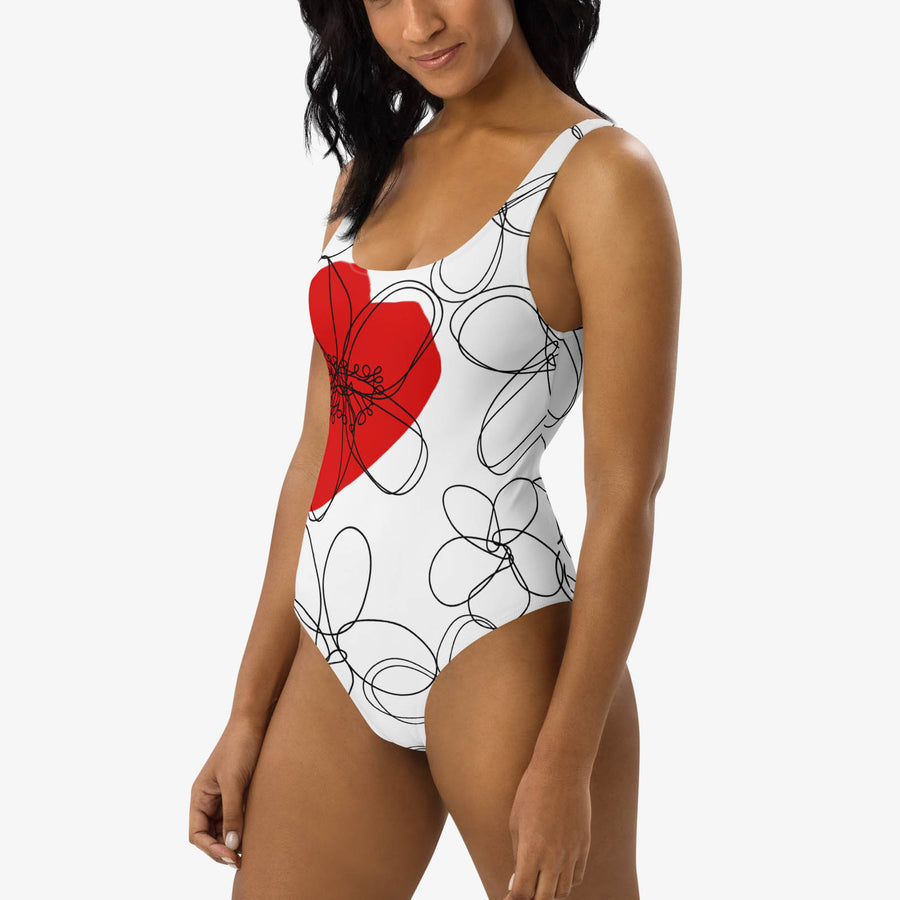 One-Piece Printed Swimsuit "Daisy Doodles" Red