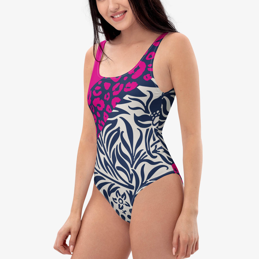 One-Piece Printed Swimsuit "Palms & Pards" White/Blue/Fuchsia