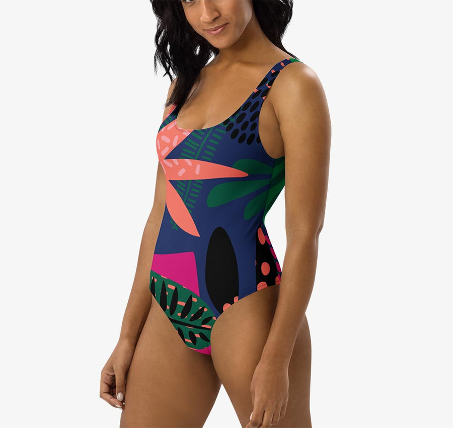 One-Piece Printed Swimsuit "Floral Funk" (Blue, Green, Coral)
