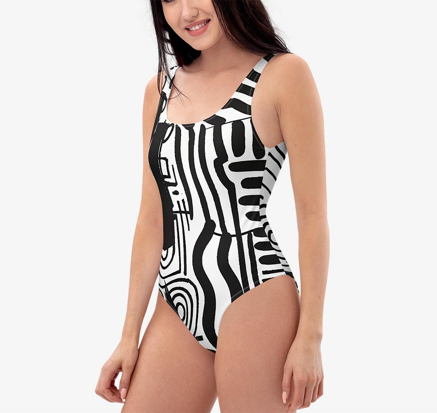 One-Piece Printed Swimsuit "Black and Wow" Black White