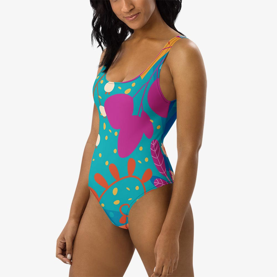 One-Piece Printed Swimsuit "Petal Party" Turquoise/Fuchsia