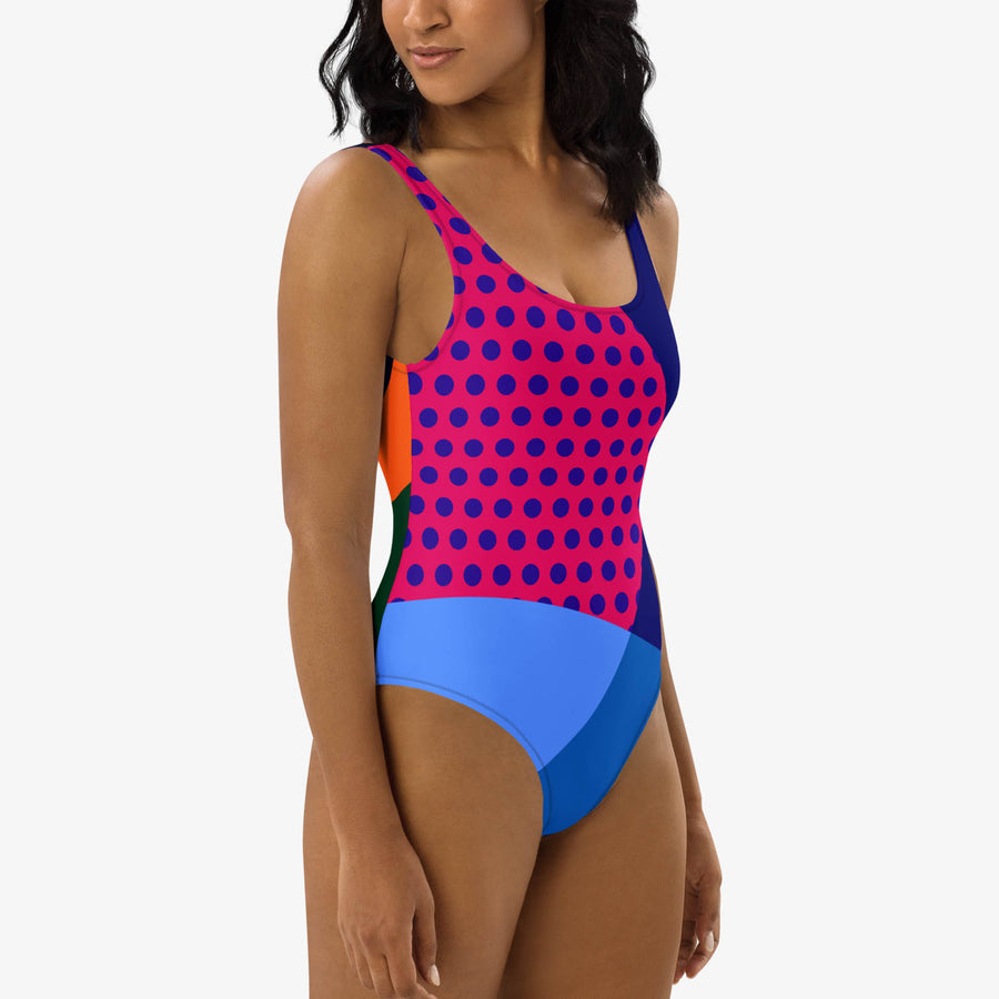 One-Piece Printed Swimsuit "Polkalicious" Red/Yellow/Blue