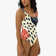 WAREHOUSE One-Piece Printed Swimsuit "Dots & Waves" Midnight Blue/Mustard/Red