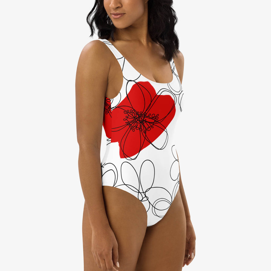 One-Piece Printed Swimsuit "Daisy Doodles" Red