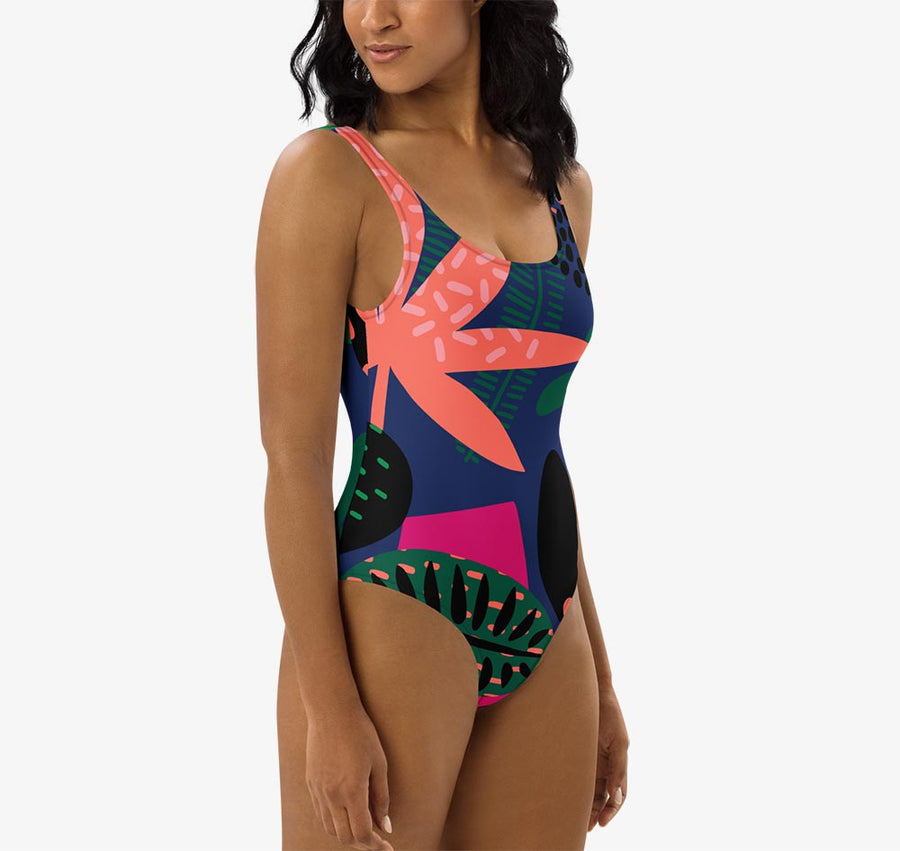 One-Piece Printed Swimsuit "Floral Funk" (Blue, Green, Coral)