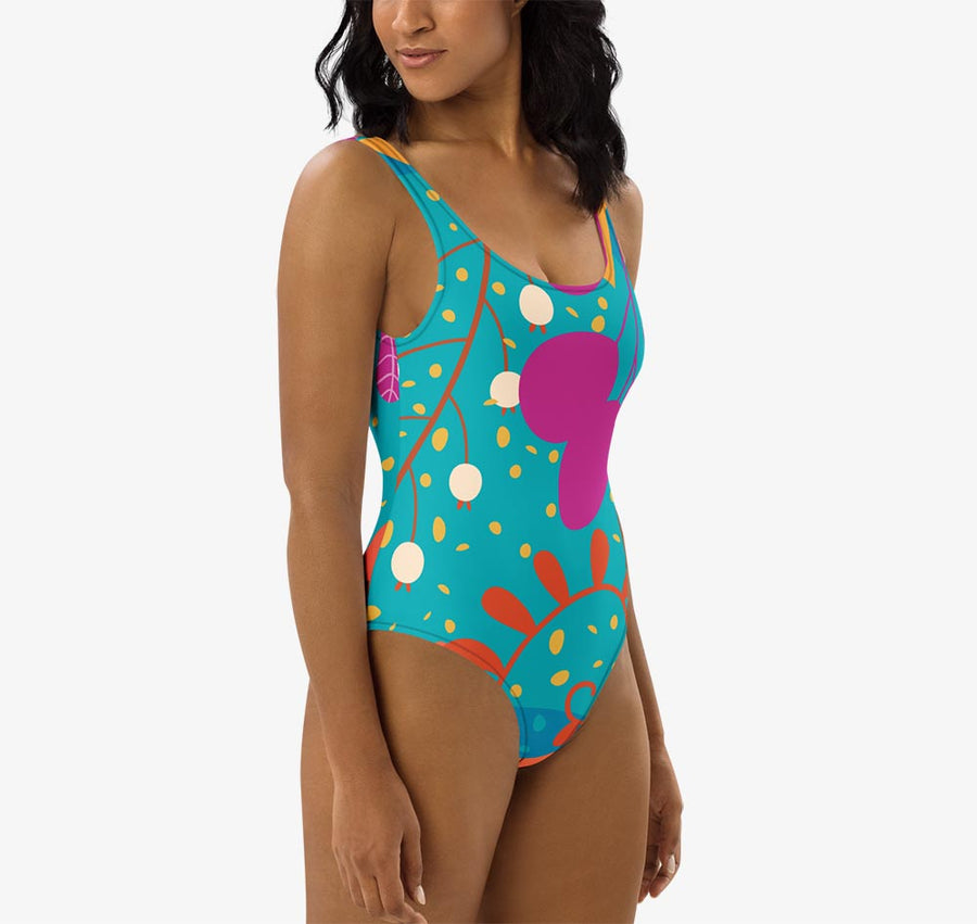 One-Piece Printed Swimsuit "Petal Party" Turquoise/Fuchsia