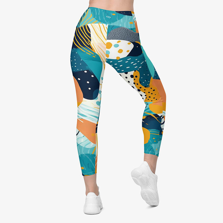 Recycled Printed Leggings "Seascape" Turquoise/Blue/Yellow with pockets