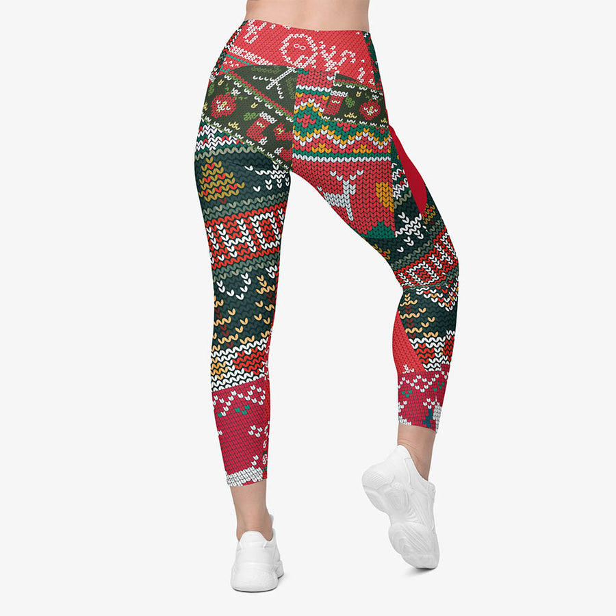 Recycled Printed Leggings "Oh! Oh! Oh!" Red/Green with pockets