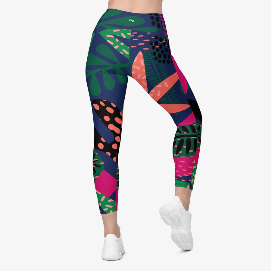 Recycled Floral Leggings "Floral Funk" (Blue, Green, Coral) with pockets