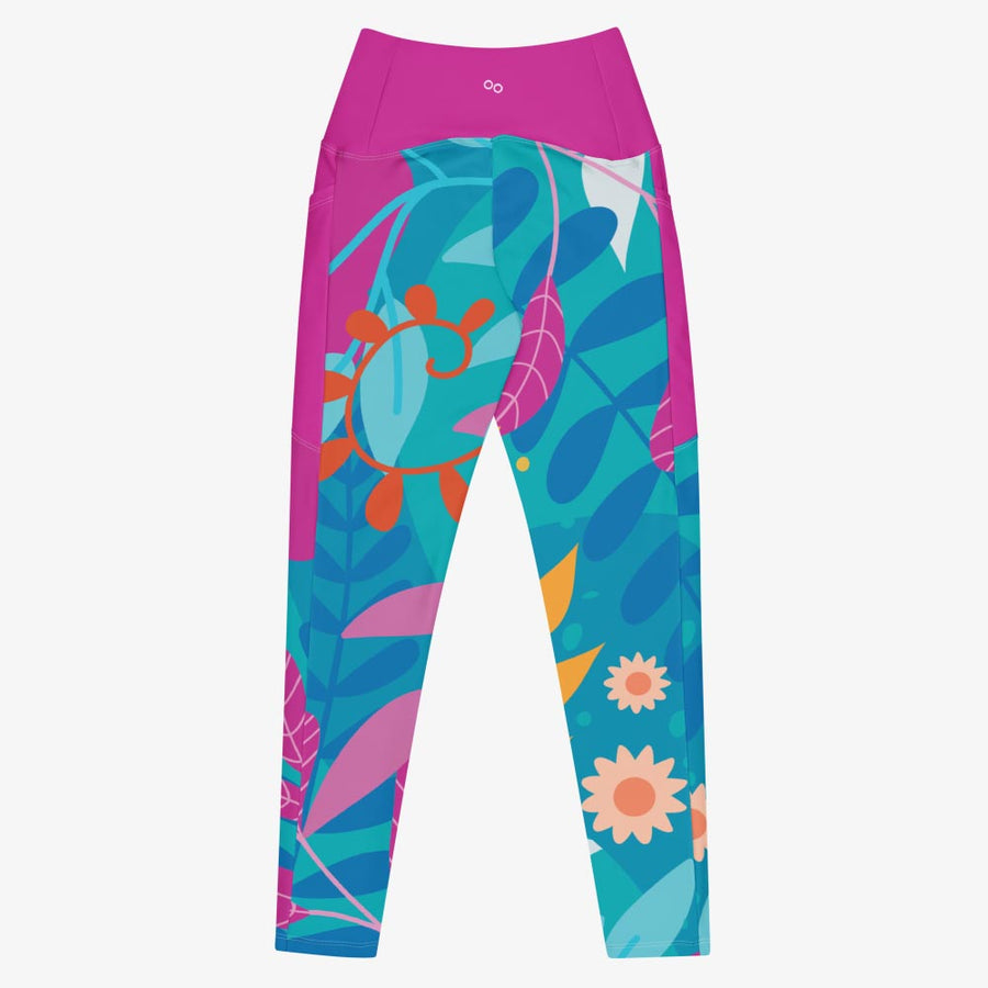 Recycled Leggings with Pockets "Petal Party" Turquoise/Fuchsia
