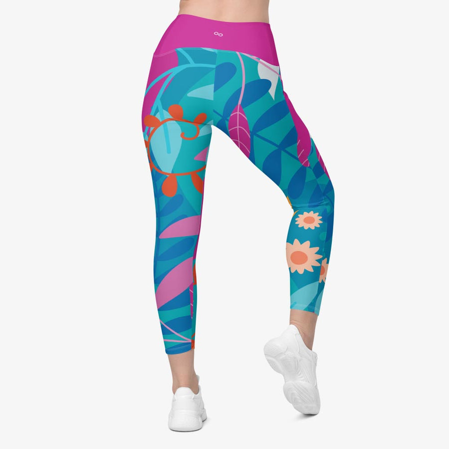 Recycled Leggings with Pockets "Petal Party" Turquoise/Fuchsia