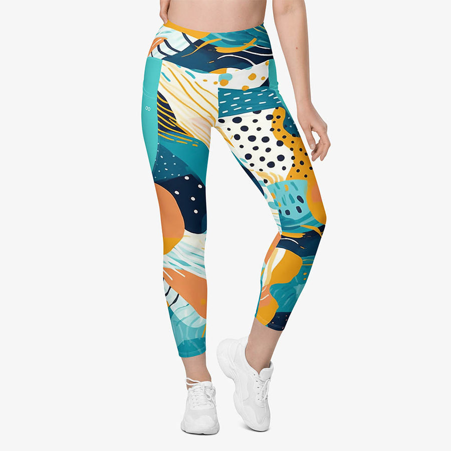 Recycled Printed Leggings "Seascape" Turquoise/Blue/Yellow with pockets