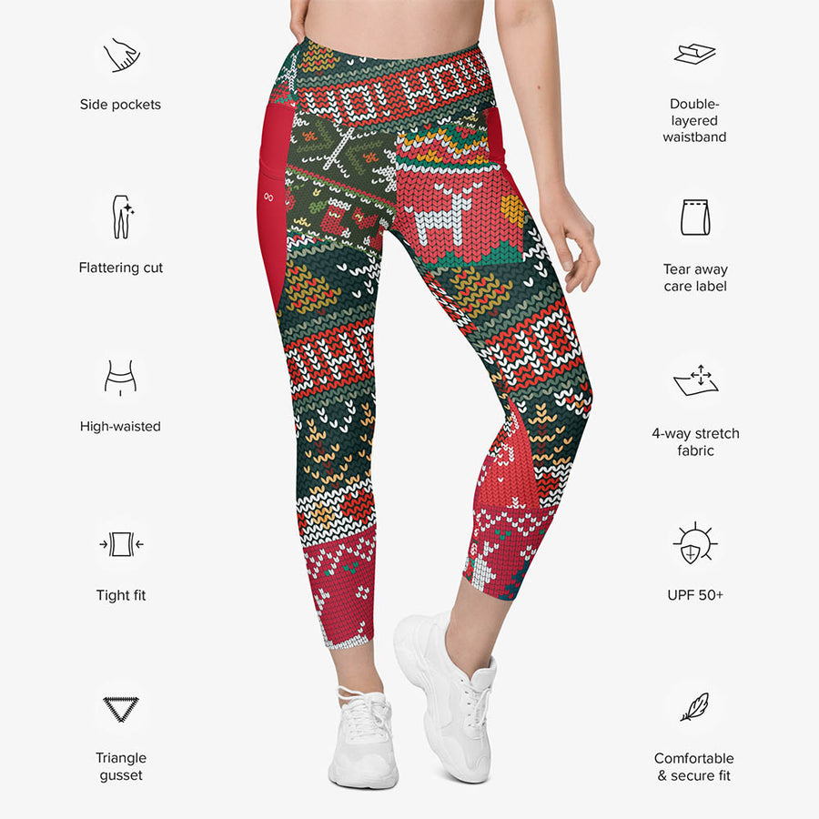 Recycled Printed Leggings "Oh! Oh! Oh!" Red/Green with pockets