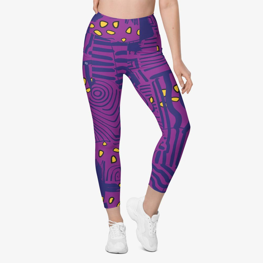 Recycled Printed Leggings "Electric Maze" Purple/Yellow with pockets