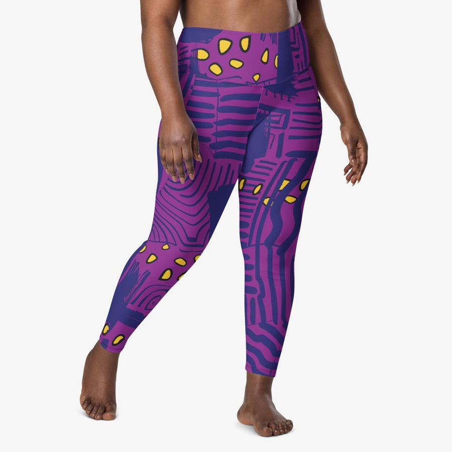 Recycled Printed Leggings "Electric Maze" Purple/Yellow with pockets