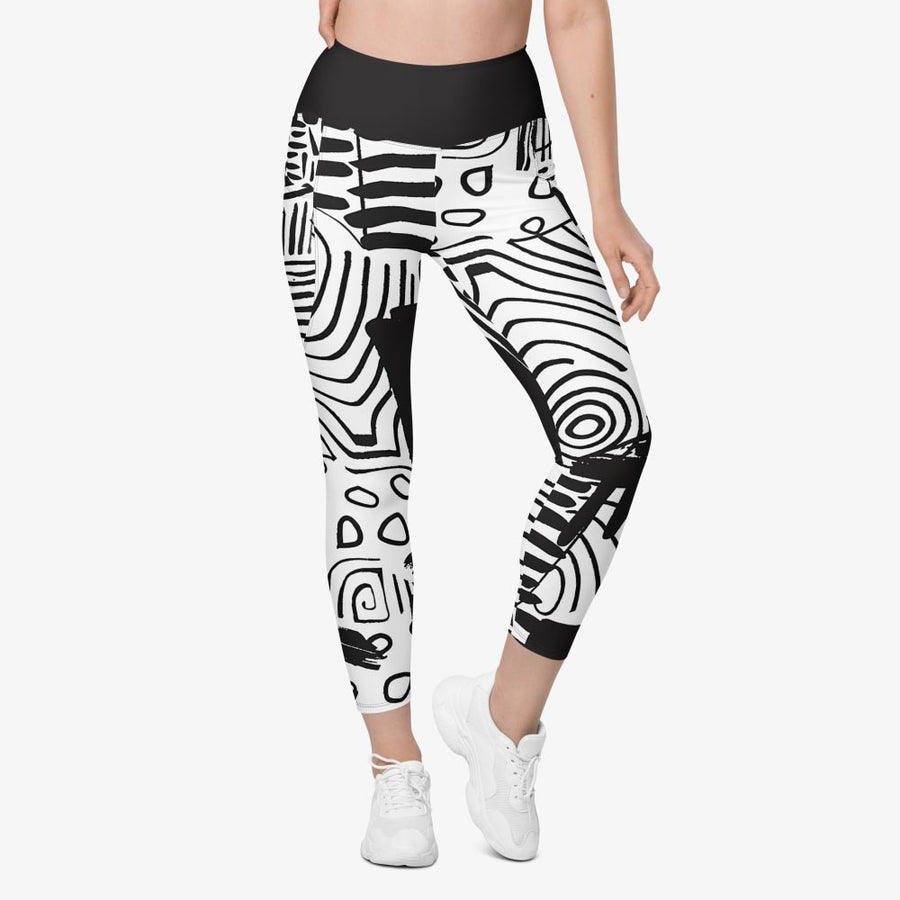 Recycled Printed Leggings "Black and Wow" Black/White with pockets