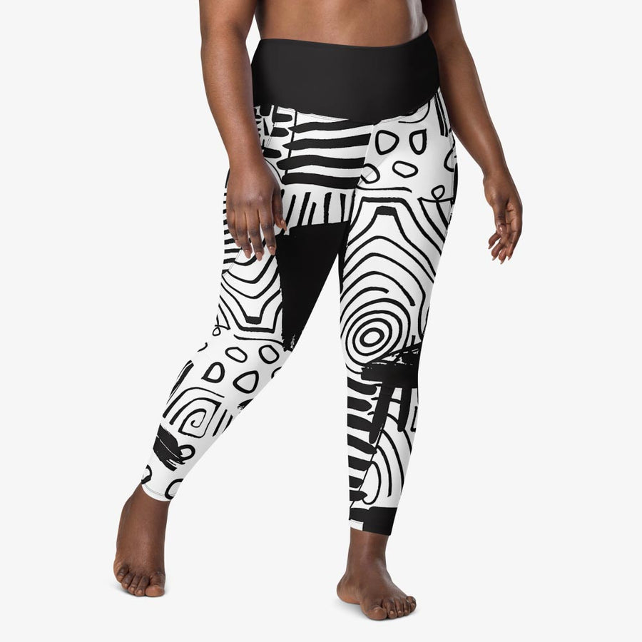 Recycled Printed Leggings "Black and Wow" Black/White with pockets