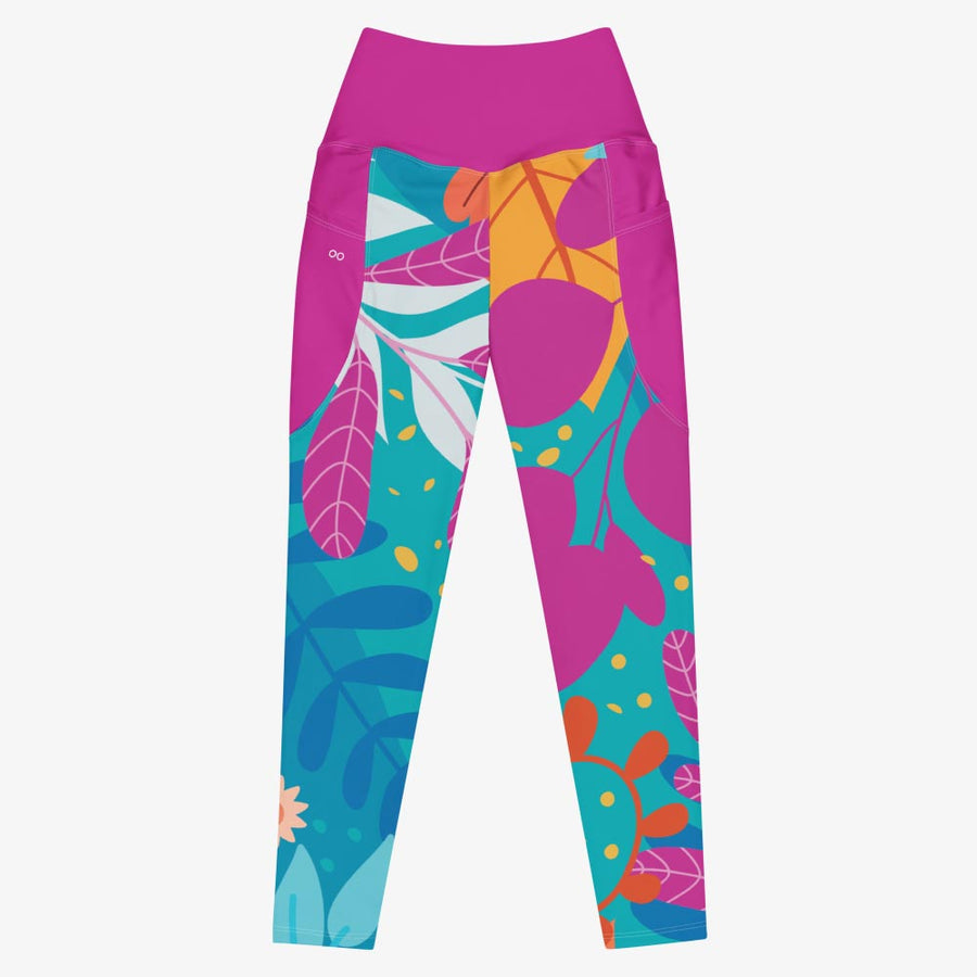 Recycled Leggings with Pockets "Petal Party" Turquoise/Fuchsia
