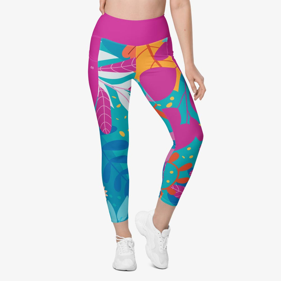 Recycled Leggings with Pockets "Petal Party" Turquoise/Fuchsia