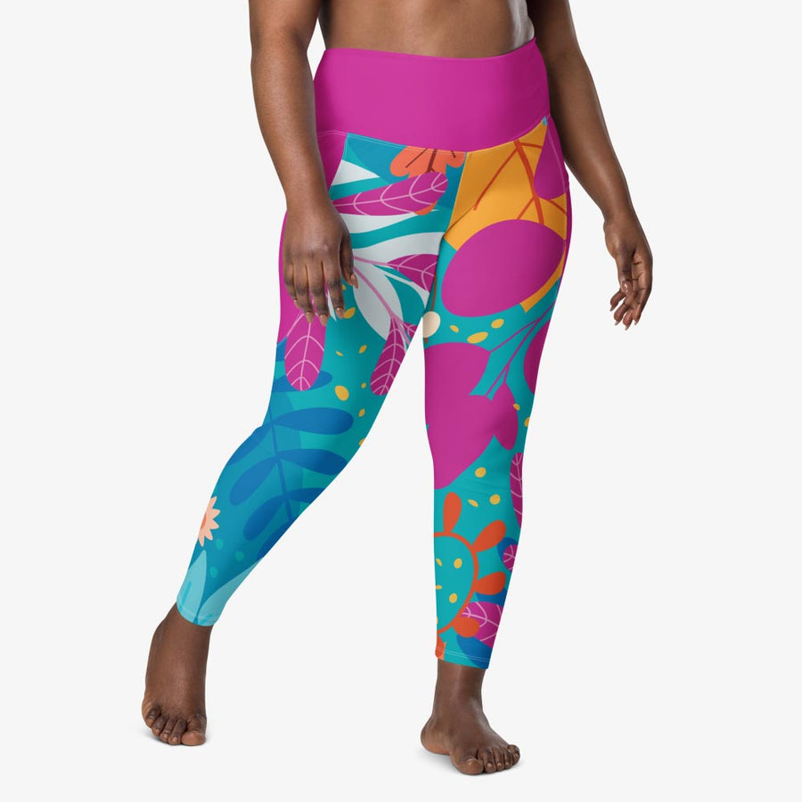 Recycled Leggings with Pockets "Petal Party" Turquoise/Fuchsia