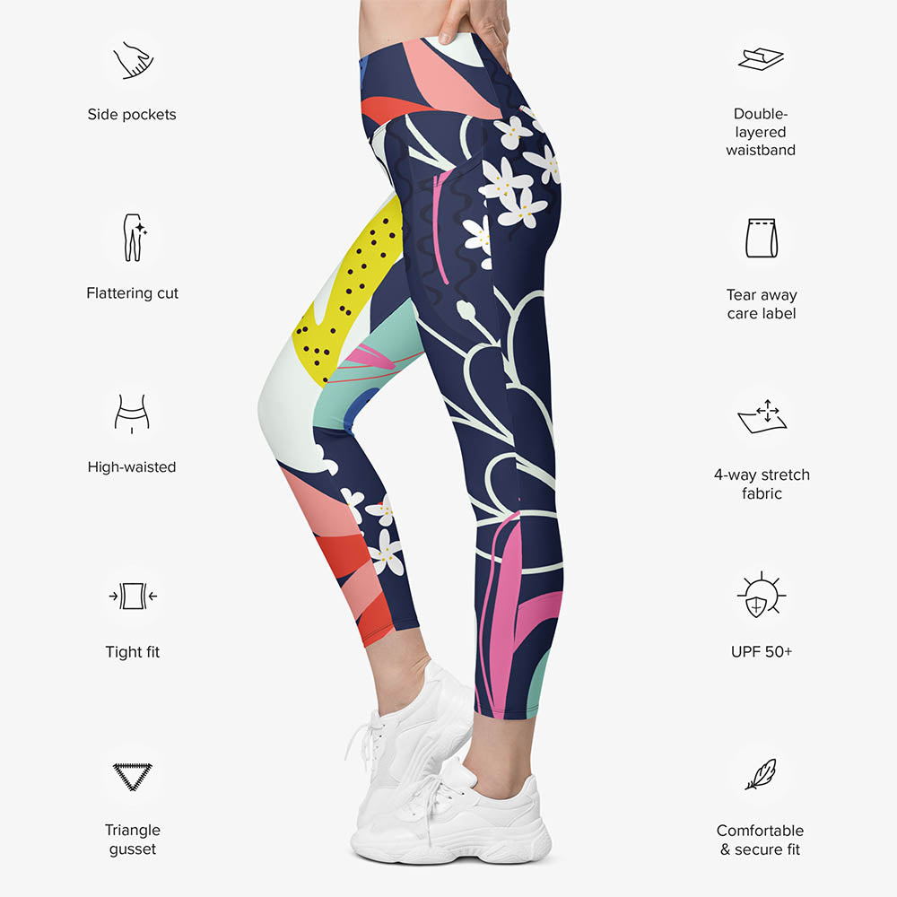 WAREHOUSE Recycled Floral Leggings "Fluid Flowers" Blue/Yellow with Pockets