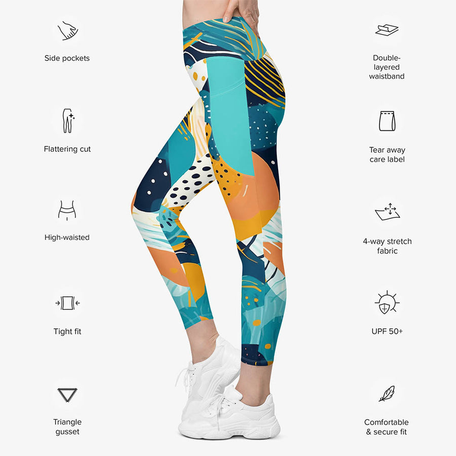 Recycled Printed Leggings "Seascape" Turquoise/Blue/Yellow with pockets