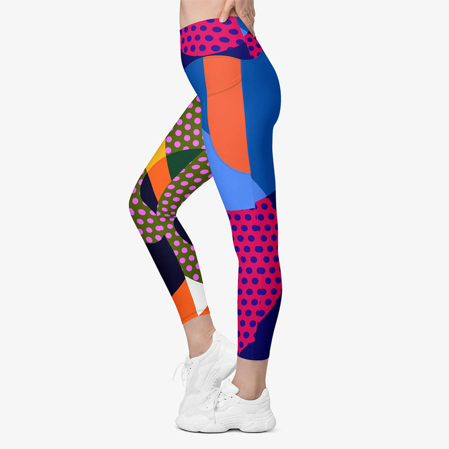 Recycled Printed Leggings "Polkalicious" Red/Yellow/Blue with Pockets