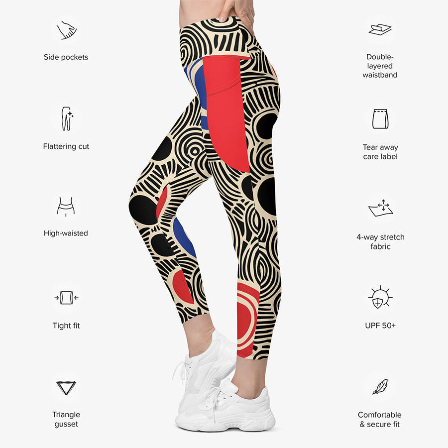 Recycled Printed Leggings "Vertigo" Black/Blue/Red with Pockets