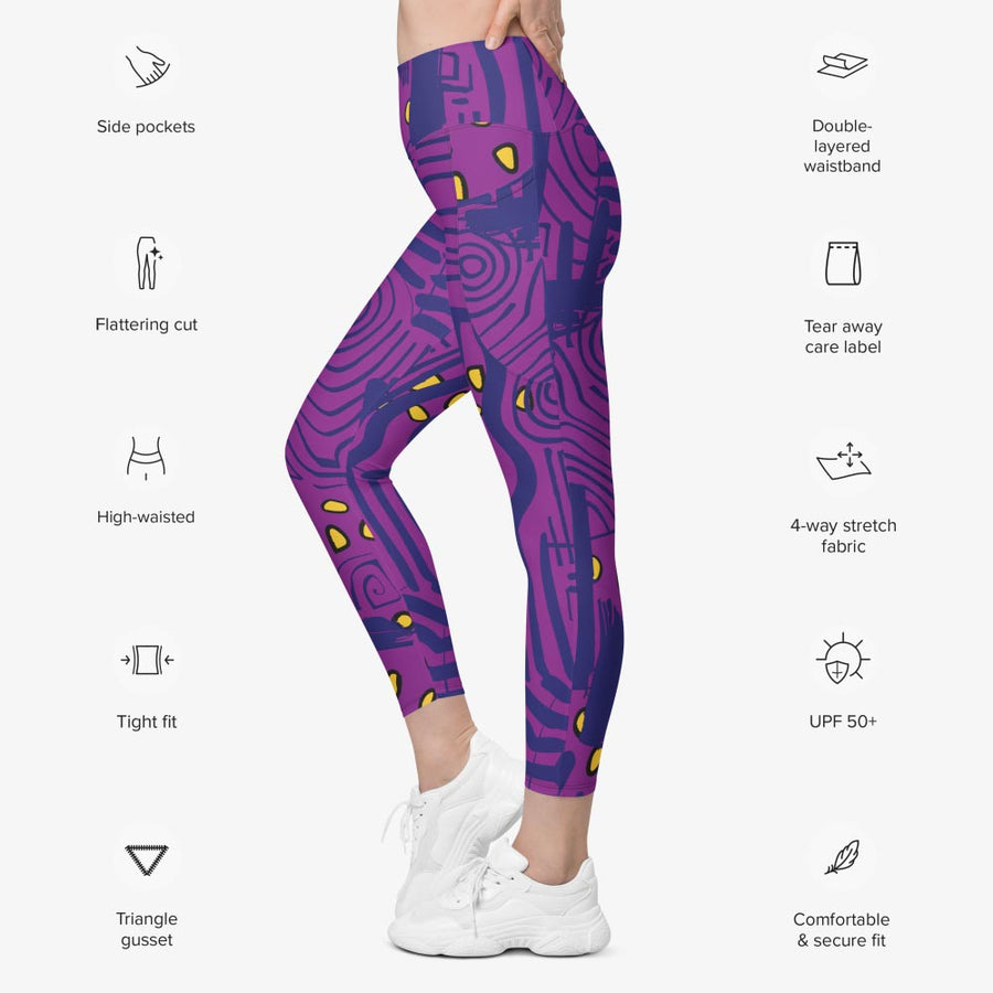 Recycled Printed Leggings "Electric Maze" Purple/Yellow with pockets