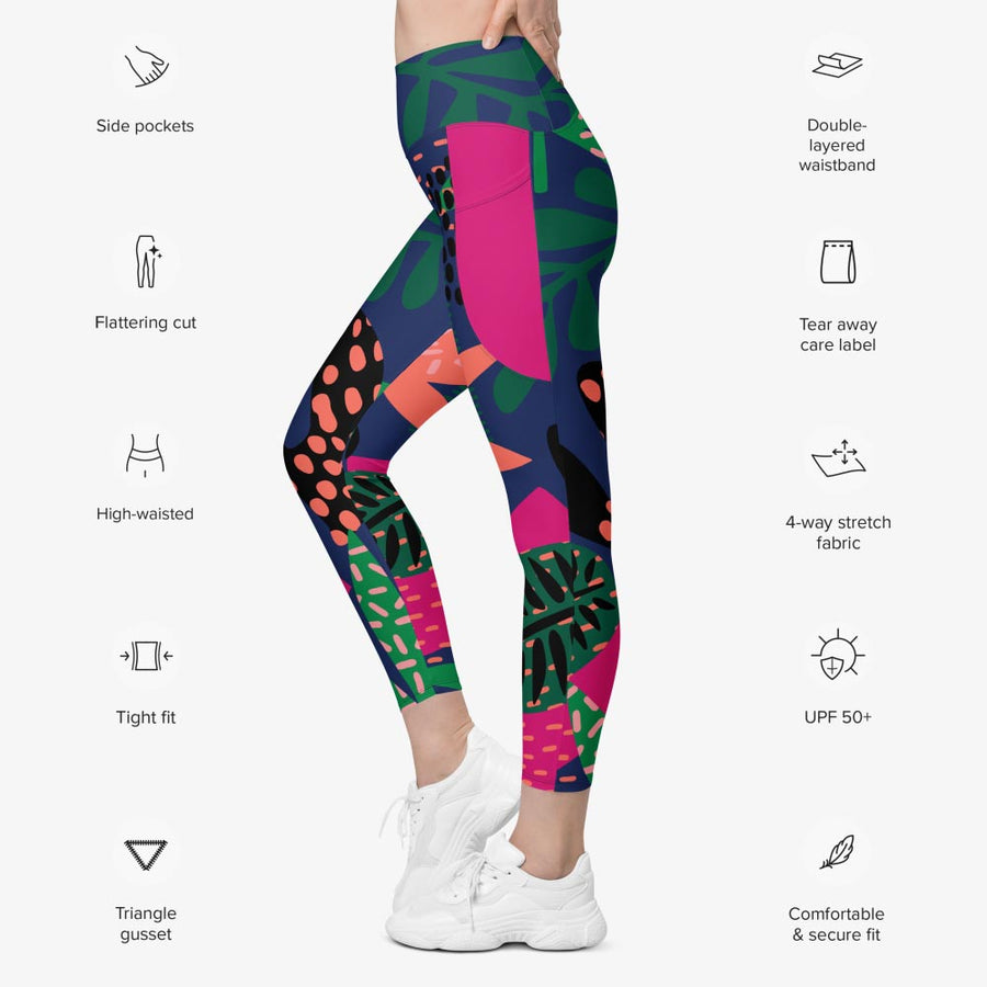 Recycled Floral Leggings "Floral Funk" (Blue, Green, Coral) with pockets