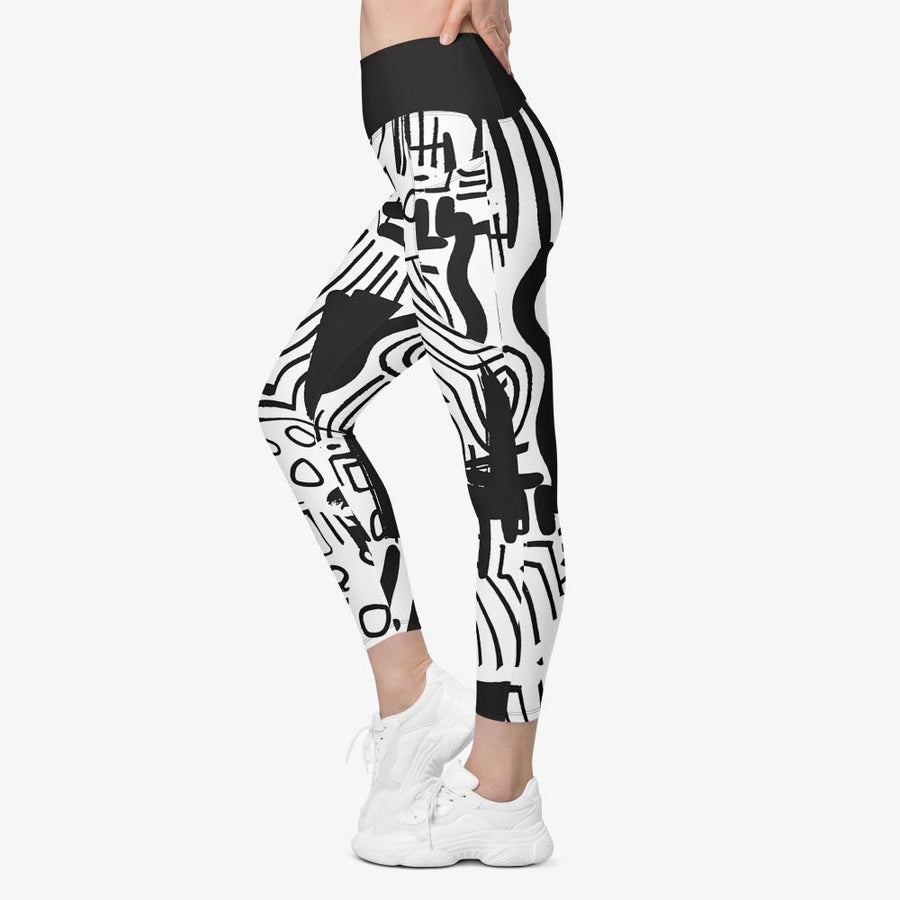 Recycled Printed Leggings "Black and Wow" Black/White with pockets
