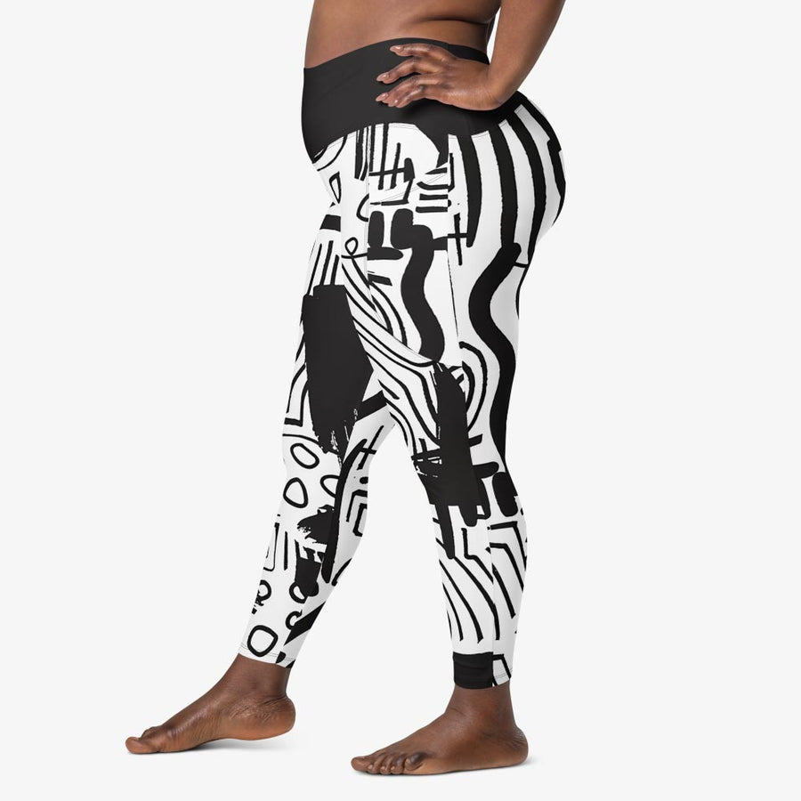 Recycled Printed Leggings "Black and Wow" Black/White with pockets
