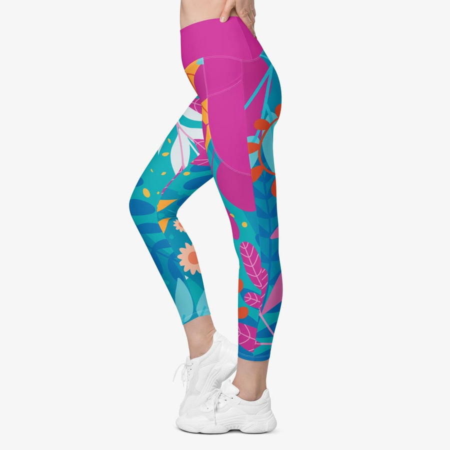 Recycled Leggings with Pockets "Petal Party" Turquoise/Fuchsia