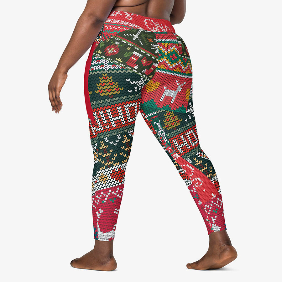 Recycled Printed Leggings "Oh! Oh! Oh!" Red/Green with pockets