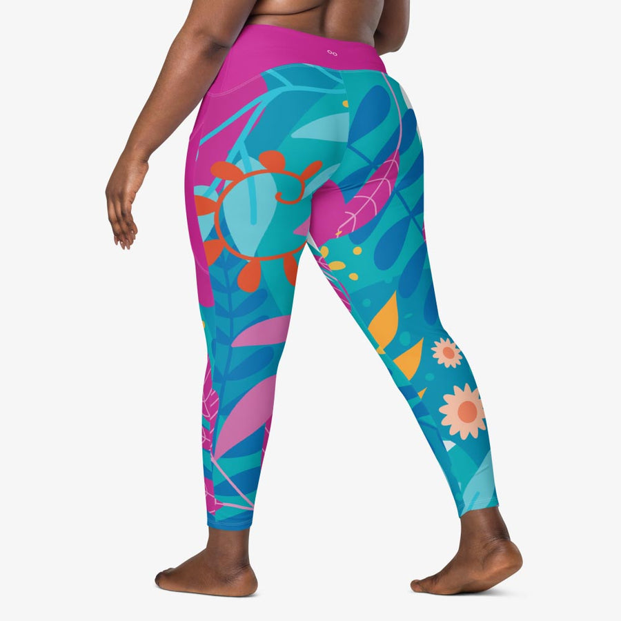 Recycled Leggings with Pockets "Petal Party" Turquoise/Fuchsia