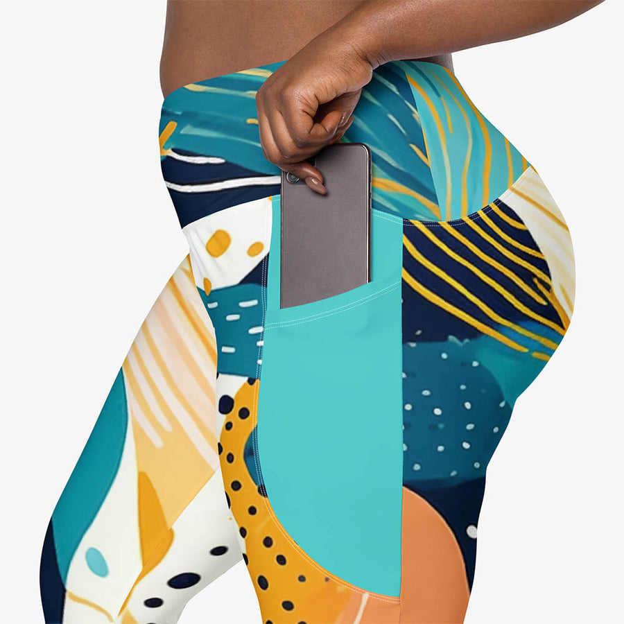 Recycled Printed Leggings "Seascape" Turquoise/Blue/Yellow with pockets