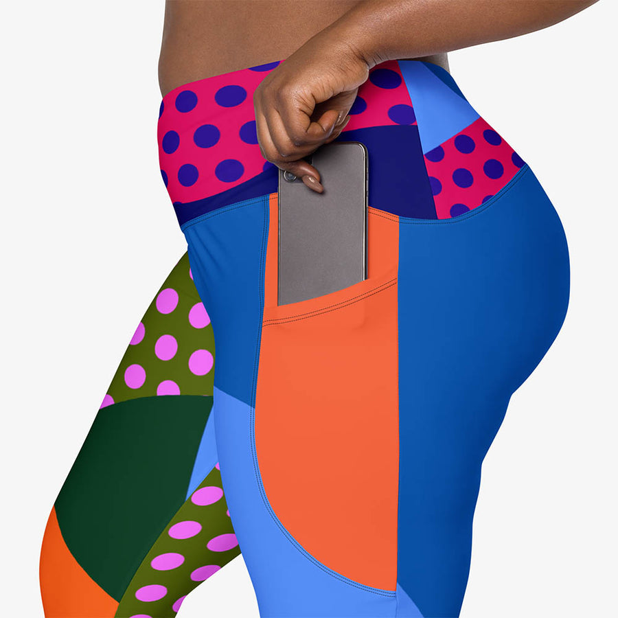 Recycled Printed Leggings "Polkalicious" Red/Yellow/Blue with Pockets