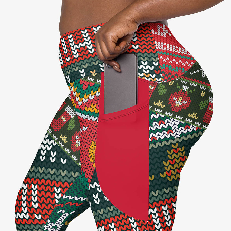 Recycled Printed Leggings "Oh! Oh! Oh!" Red/Green with pockets