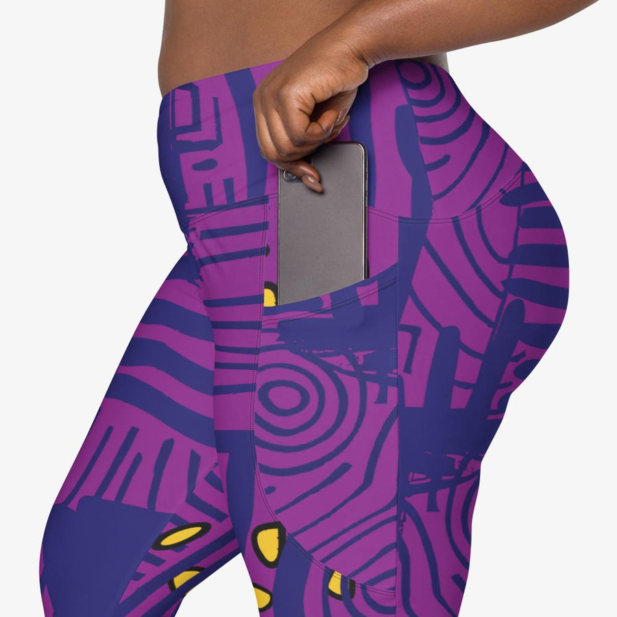 Recycled Printed Leggings "Electric Maze" Purple/Yellow with pockets